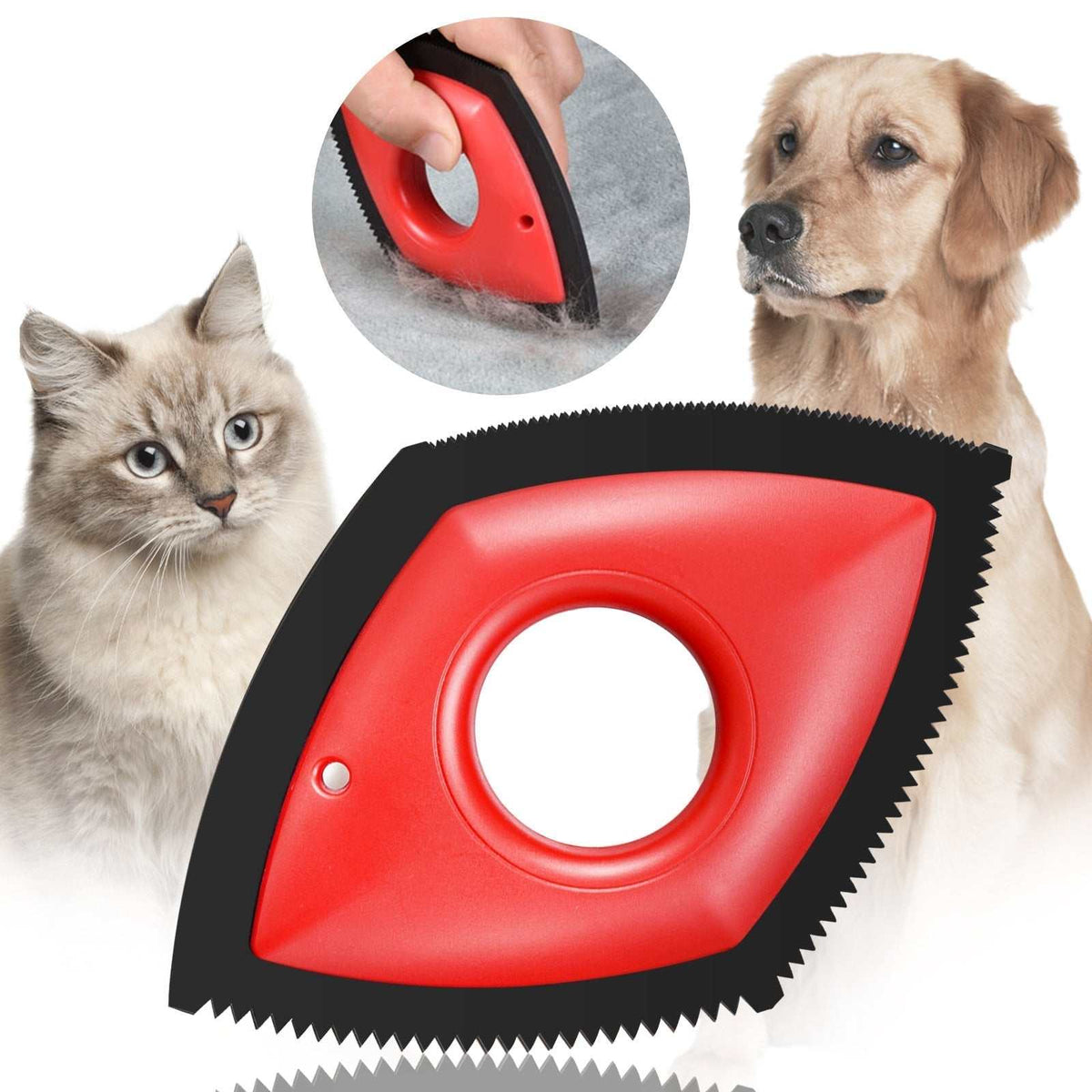 Reusable Pet Hair Remover with a bright red handle, black serrated rubber edges and a central finger grip
