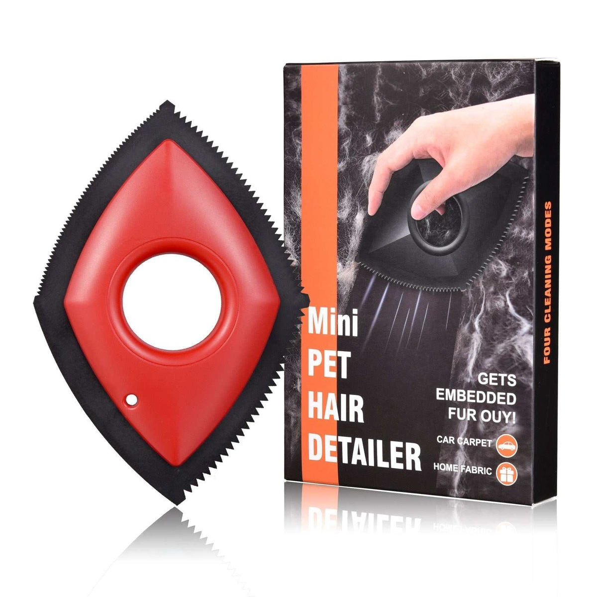 Reusable Pet Hair Remover with a red diamond-shaped body, circular center opening, and black serrated cleaning edge
