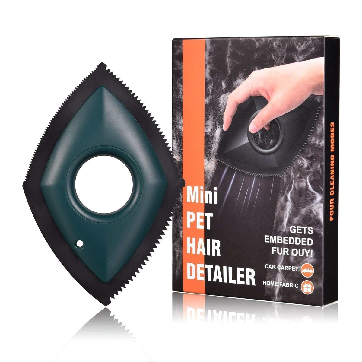 Reusable Pet Hair Remover with a dark teal diamond-shaped body, black serrated edges and a central circular grip