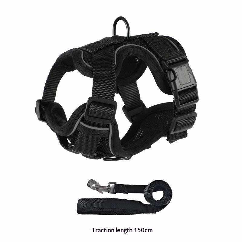 Vest-style Dog Leash set with a black polyester harness and matching lead, featuring adjustable straps, buckles, and a top loop