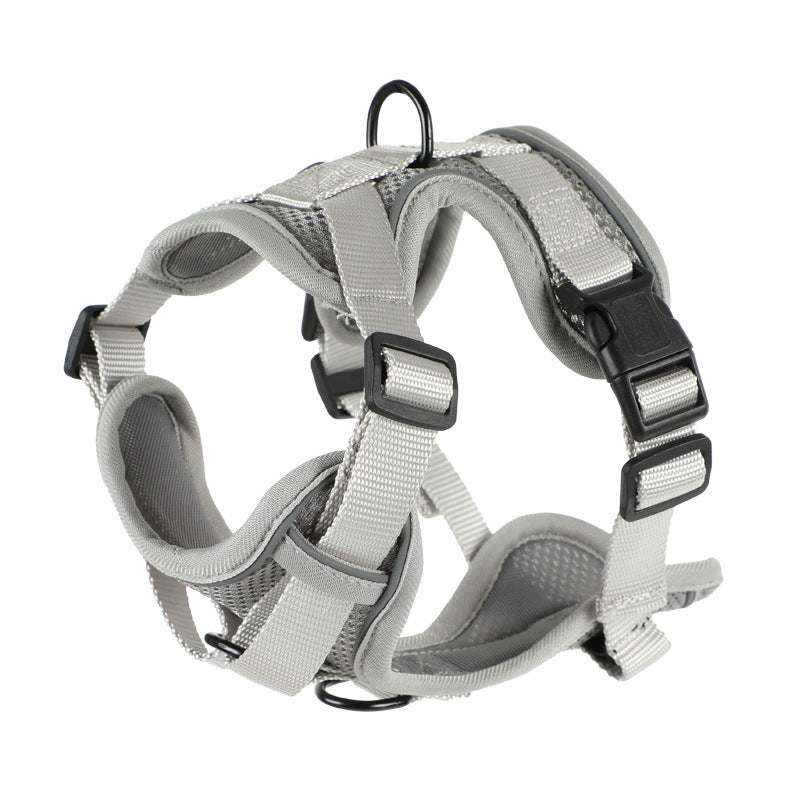 Vest-style Dog Leash harness in gray polyester webbing with padded straps, adjustable black buckles, and metal leash rings