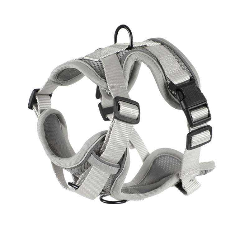Vest-style Dog Leash harness in light gray polyester webbing with padded straps, black buckles and a metal leash ring