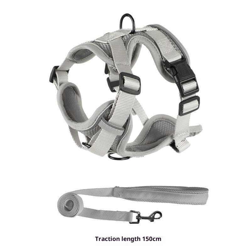 Vest-style Dog Leash set with a light gray padded polyester vest harness, black buckles, and matching 150 cm leash