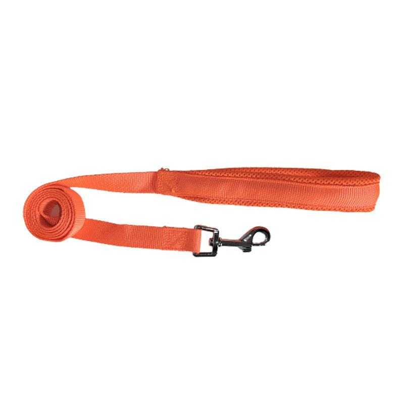 Vest-style Dog Leash in orange woven polyester with a flat strap, stitched loop handle, and black metal clip