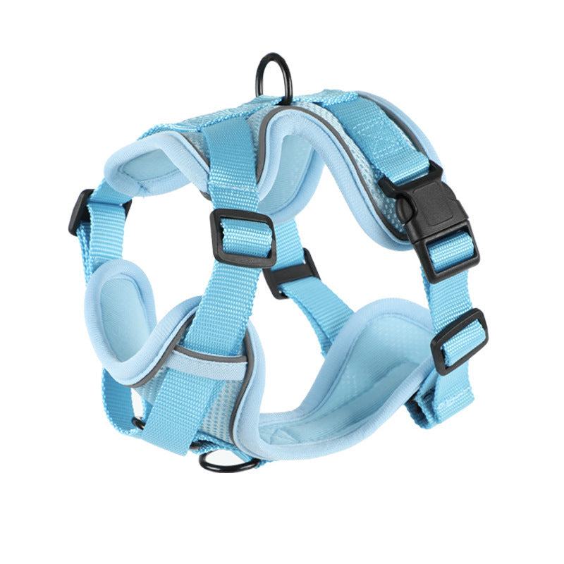 Vest-style Dog Leash harness in sky blue polyester webbing with padded lining, adjustable straps, buckles and metal rings