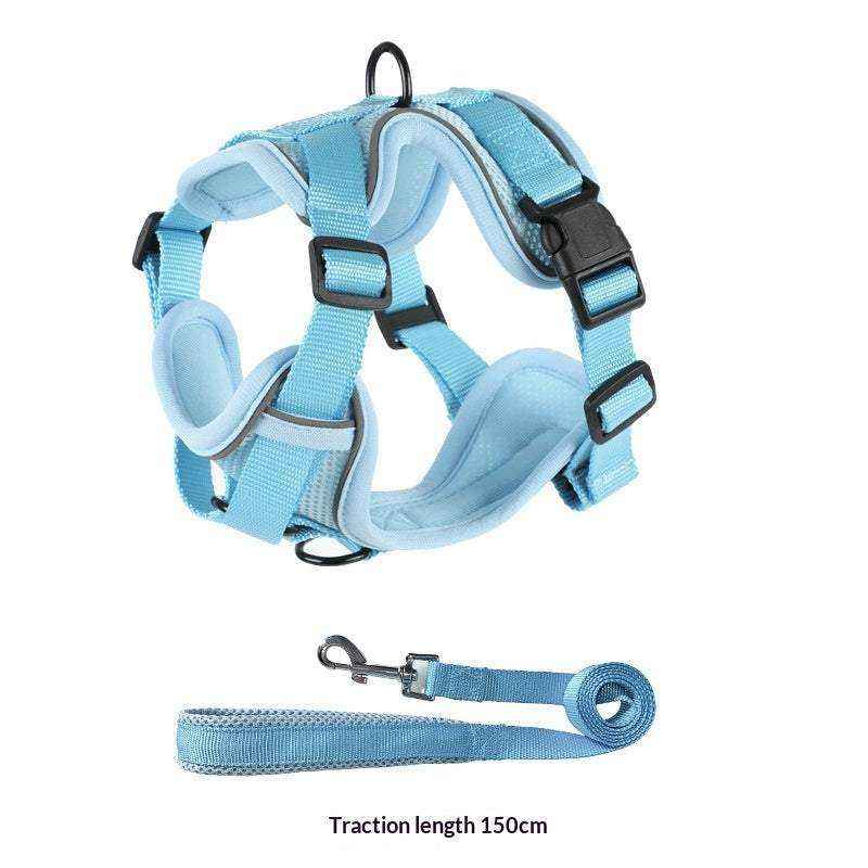 Vest-style Dog Leash set in sky blue polyester, with a padded adjustable harness, black buckles, and matching 150 cm lead