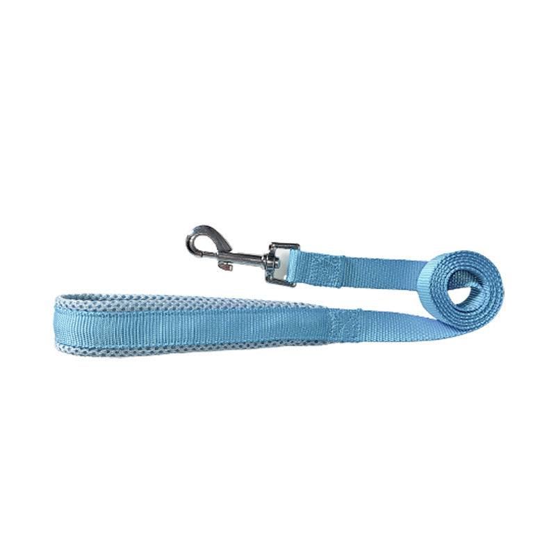 Vest-style Dog Leash in sky blue polyester webbing, with a padded loop handle and metal snap hook